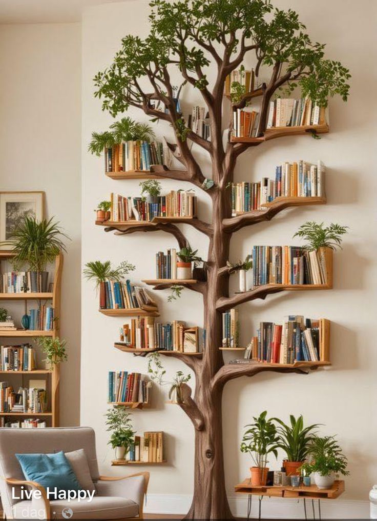 a living room filled with furniture and bookshelves covered in shelves next to a tree