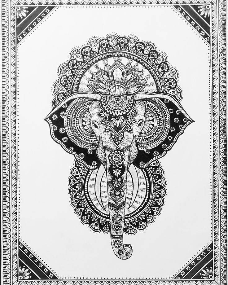 black and white drawing of an elephant's head with intricate designs on it,