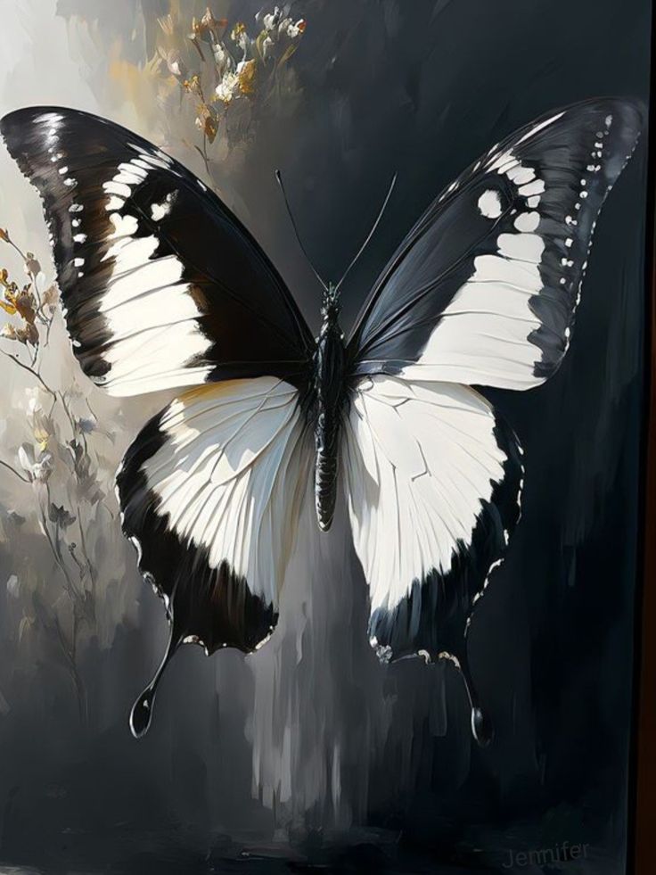 a painting of a white and black butterfly on a dark background with flowers in the foreground