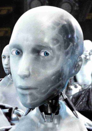 a robot with blue eyes is standing in front of other humanoids