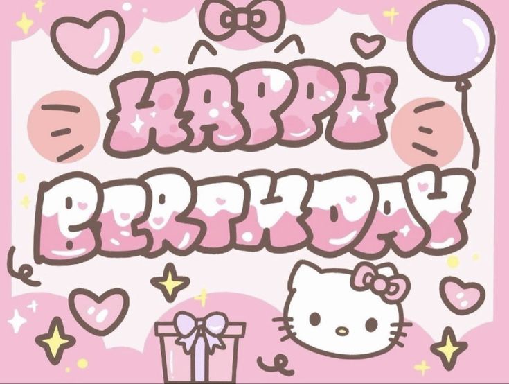 a hello kitty birthday card with balloons and presents