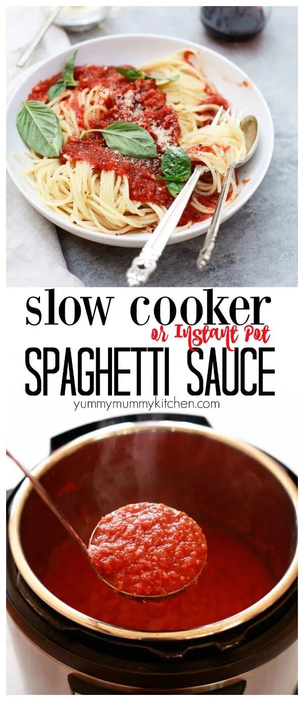 the recipe for slow cooker spaghetti sauce is shown in two different pictures, and then on