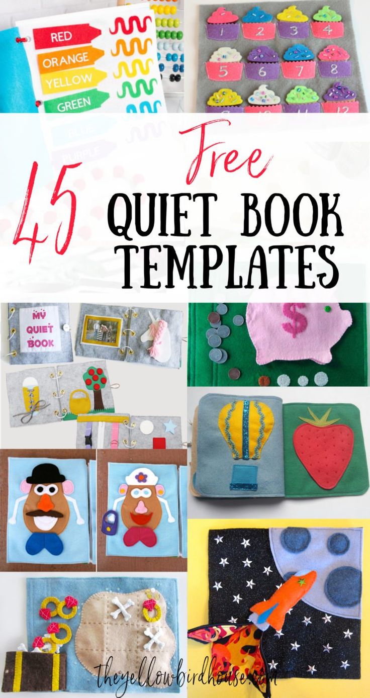 an assortment of crafts and books with the title overlay that reads, free quiet book templates