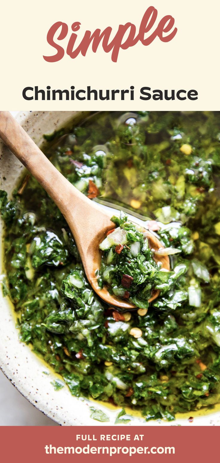 a bowl of chimichurri sauce made with shallot, parsley, oregano, garlic cloves, salt, pepper, olive oil, vinegar, and red pepper flakes Chimichurri Sauce For Steak, Best Chimichurri Sauce, Chimichurri Recipe Steak, Easy Chimichurri Sauce, Sauce For Steak, Steak With Chimichurri Sauce, Chimichurri Sauce Recipe, Chimichurri Recipe, The Modern Proper