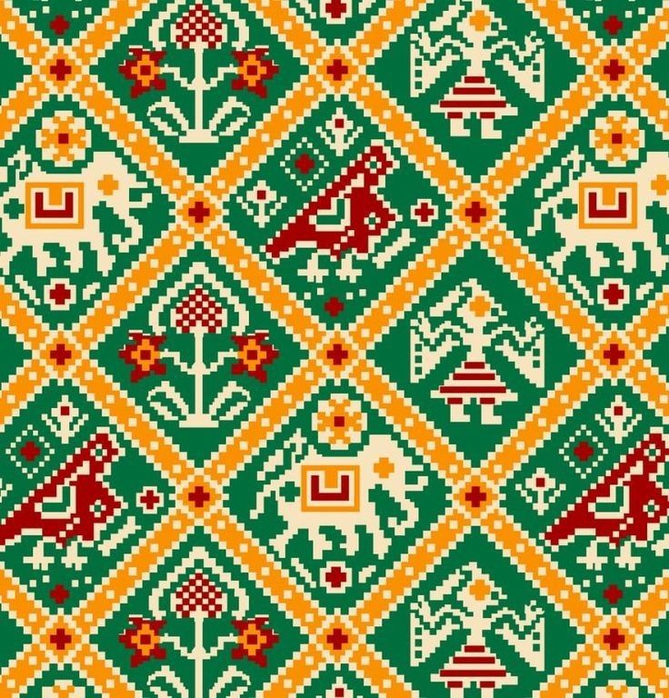 a cross stitch pattern in green, yellow and red