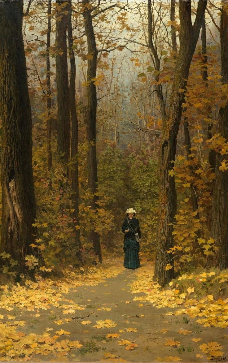 a painting of a woman walking down a path in the woods