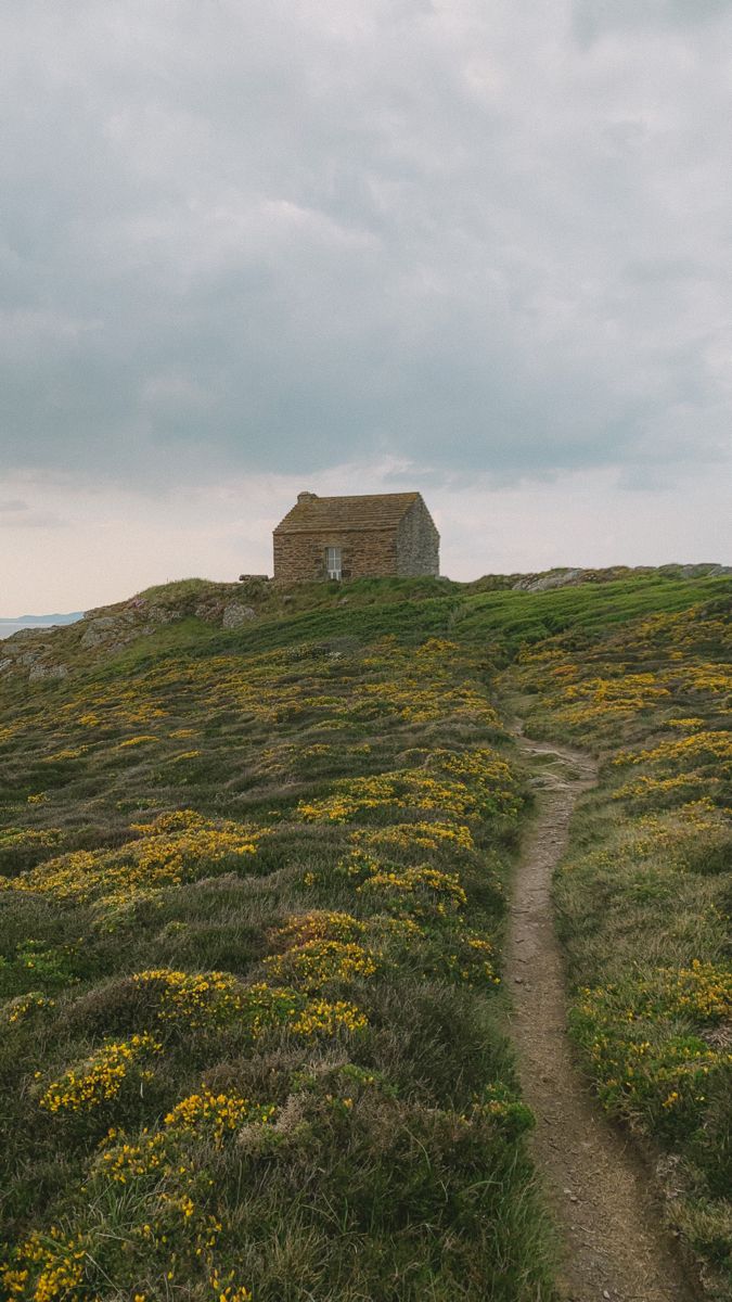 a small house sitting on top of a lush green hillside next to a dirt road