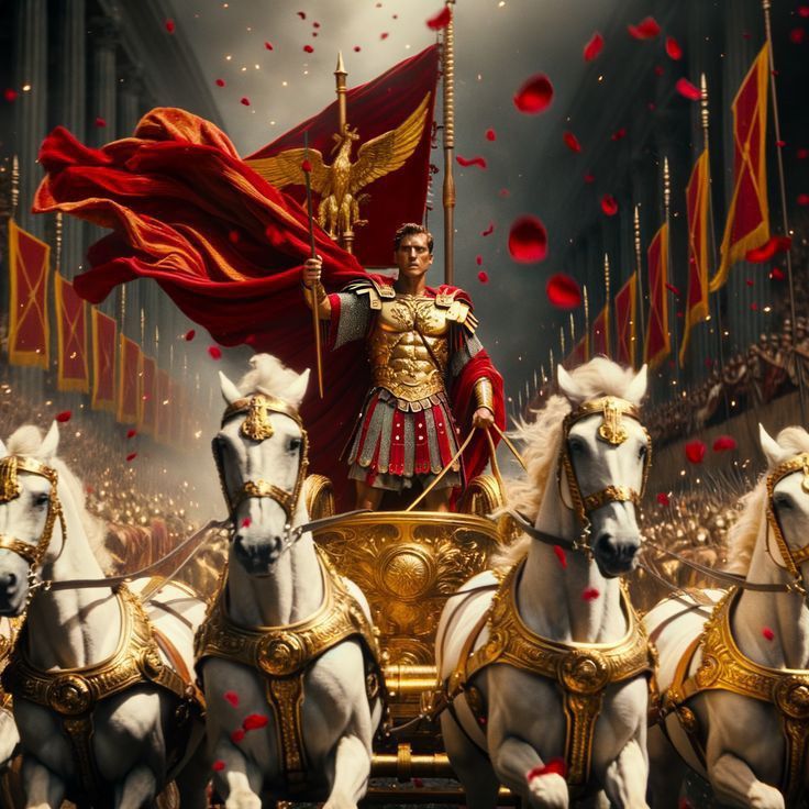 a man riding on the back of white horses in front of red and gold flags