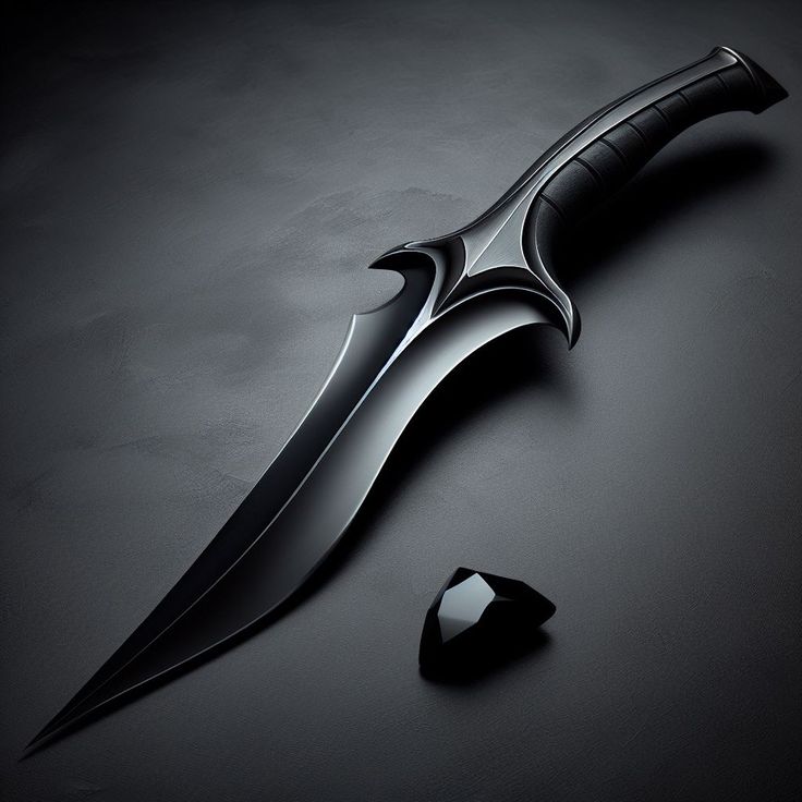 a black knife sitting on top of a table next to a diamond