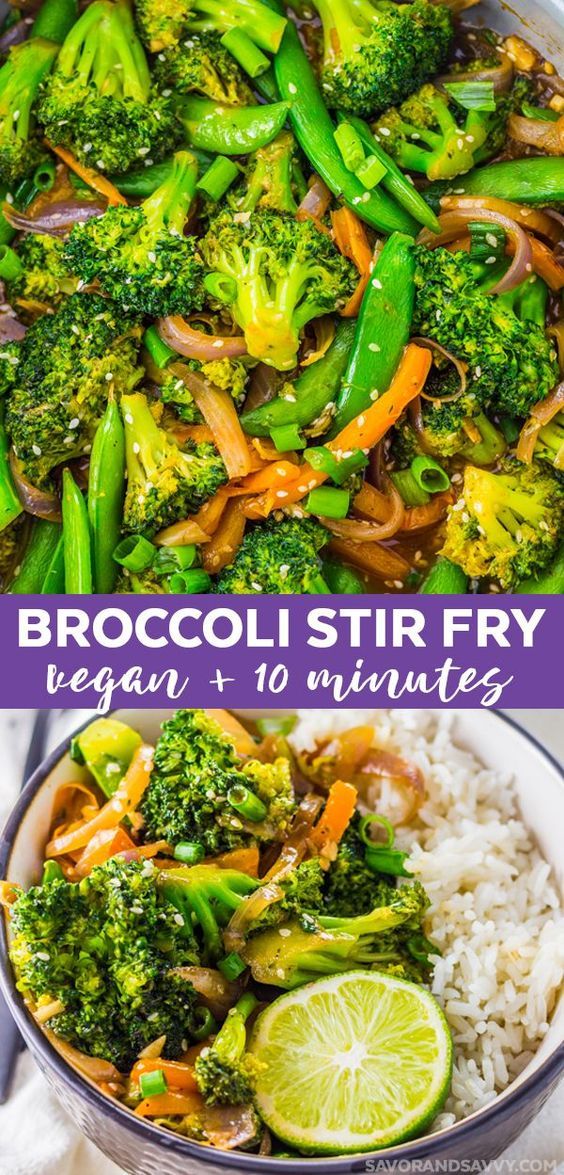 broccoli stir fry in a pan with rice and lime