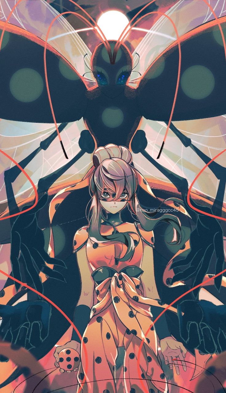 an anime character with long hair standing in front of a giant insect