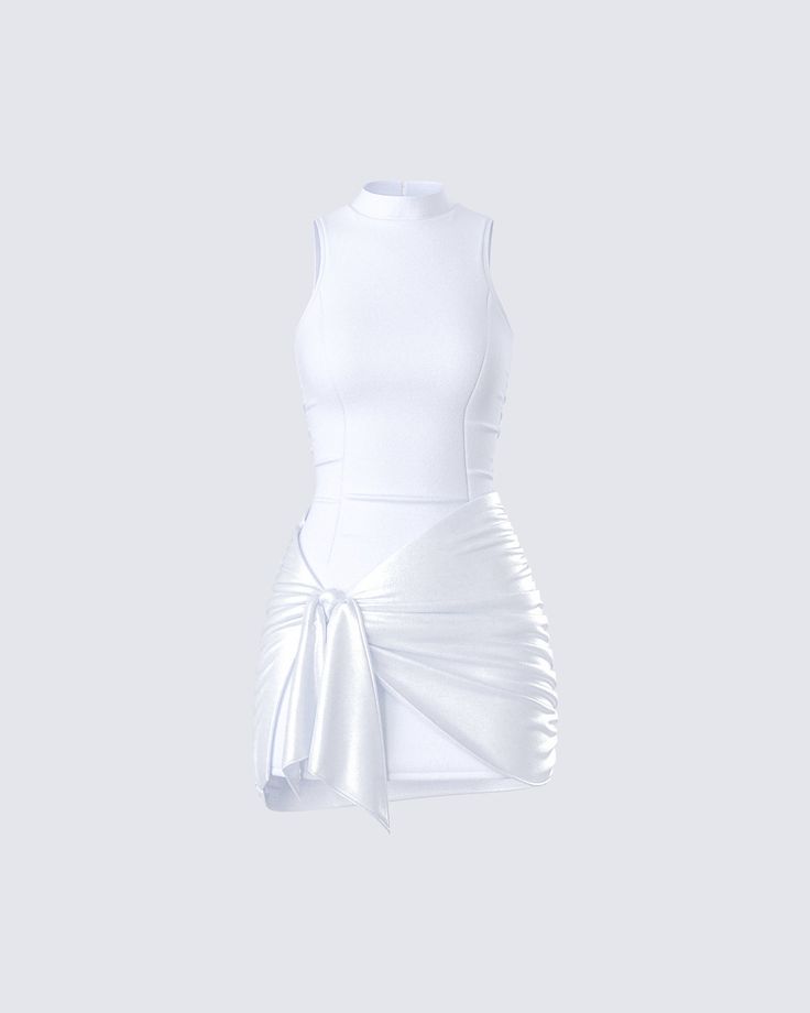 We love a classy babe ☁️  Made from a blend of jersey and satin fabric, this white mini dress is a bodycon style with wrap sash detailing, creating a look that is perfect for making an impression that sticks 🤍 White Dresses Classy, White Classy Dress, White Birthday Dress, Mini White Dress, Winter Birthday Outfit, Mini Dress Outfits, Bodycon Style, Wrap Mini Dress, New Years Eve Outfits