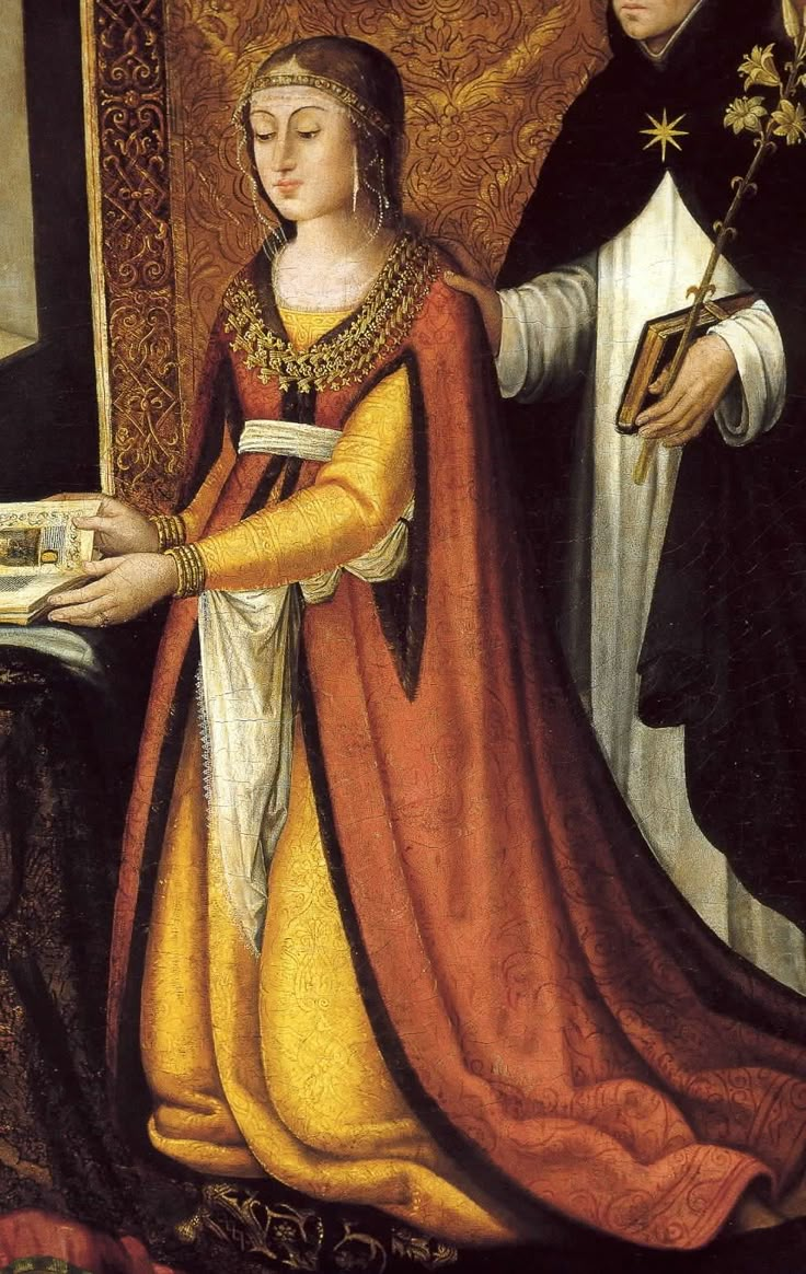 1490ish, unknown lady in a Spanish mantle with arm slits: Manto con maneras. Traditionally thought to be a portrait of Mencía de Mendoza, new research suggests it would be her daughter, duchess Isabel de Velasco. 1400s Fashion, 15th Century Fashion, 15th Century Clothing, Spanish Clothing, Spanish Dress, Medieval Garb, Medieval Clothes, Medieval Costume, Medieval Clothing