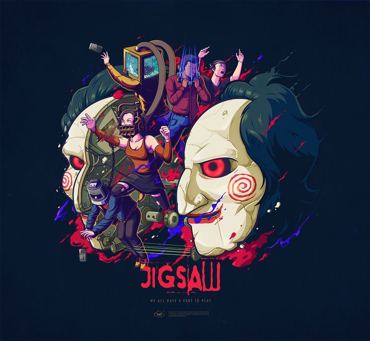 the poster for jigsawu is shown with an image of two people and a demon