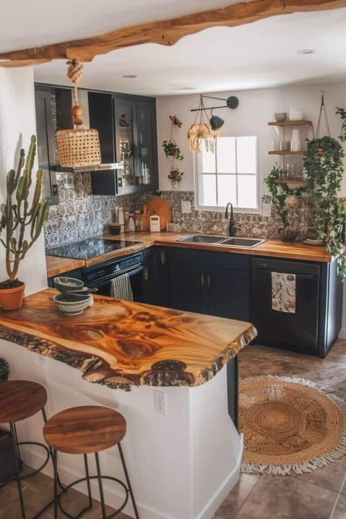 a kitchen with black cabinets and wooden counter tops, along with potted plants on the island