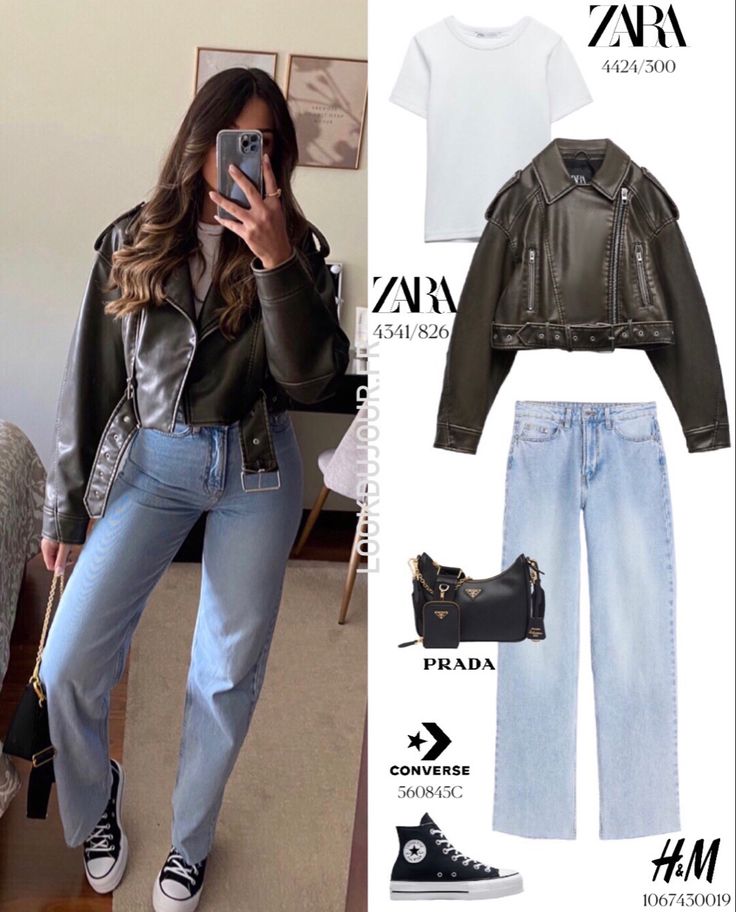 Zara Moto Jacket, Leather Jacket And Converse Outfit, Wide Leg Jeans Leather Jacket, Leather Zara Jacket Outfit, H M Jeans, Outfit With Jacket Jeans, Jeans Leather Jacket, Zara Faux Leather Jacket, Khaki Leather Jacket Outfit