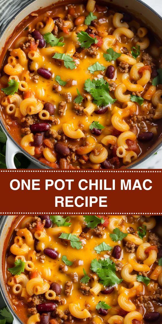 one pot chili mac and cheese recipe is shown in two pans with the title above it