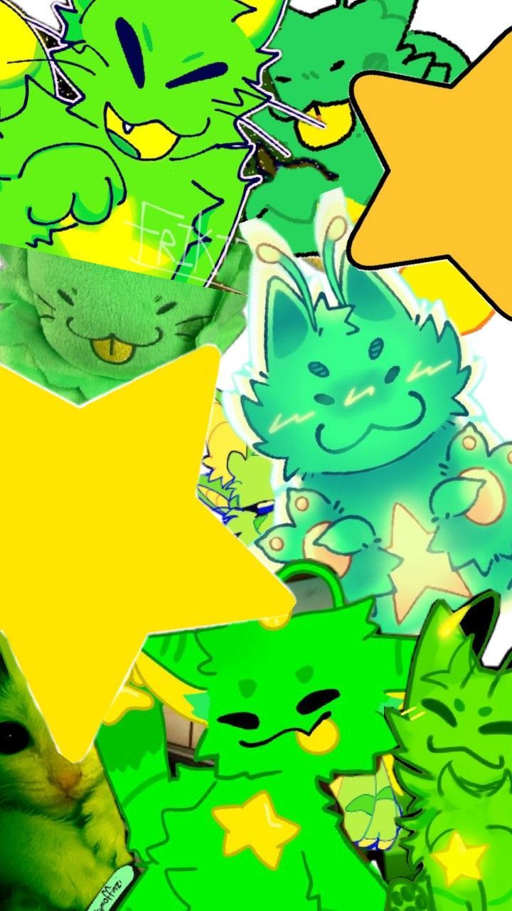 a group of cartoon characters with stars on their heads and green cats in the background