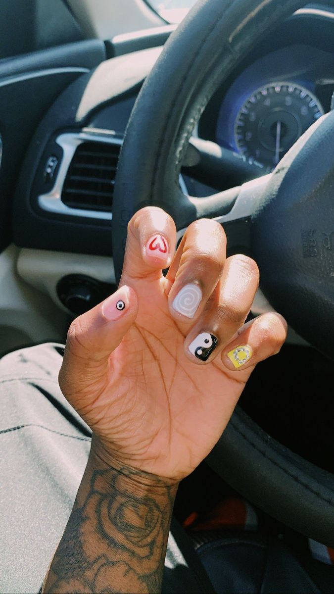 Gel Nail Designs For Men, Valentines Day Nails Men, Nail Designs Masculine, Buff And Shine Nails For Men With Art, Nails For Studs, Tomboy Nails Ideas Short, Nails Designs For Men, Reversible Tattoos, Stud Nail Ideas