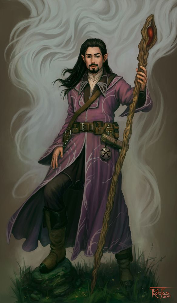 a painting of a man with long black hair holding a stick and wearing a purple outfit