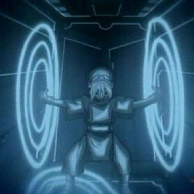 an animated character is standing in front of two circles with neon lights on it's face