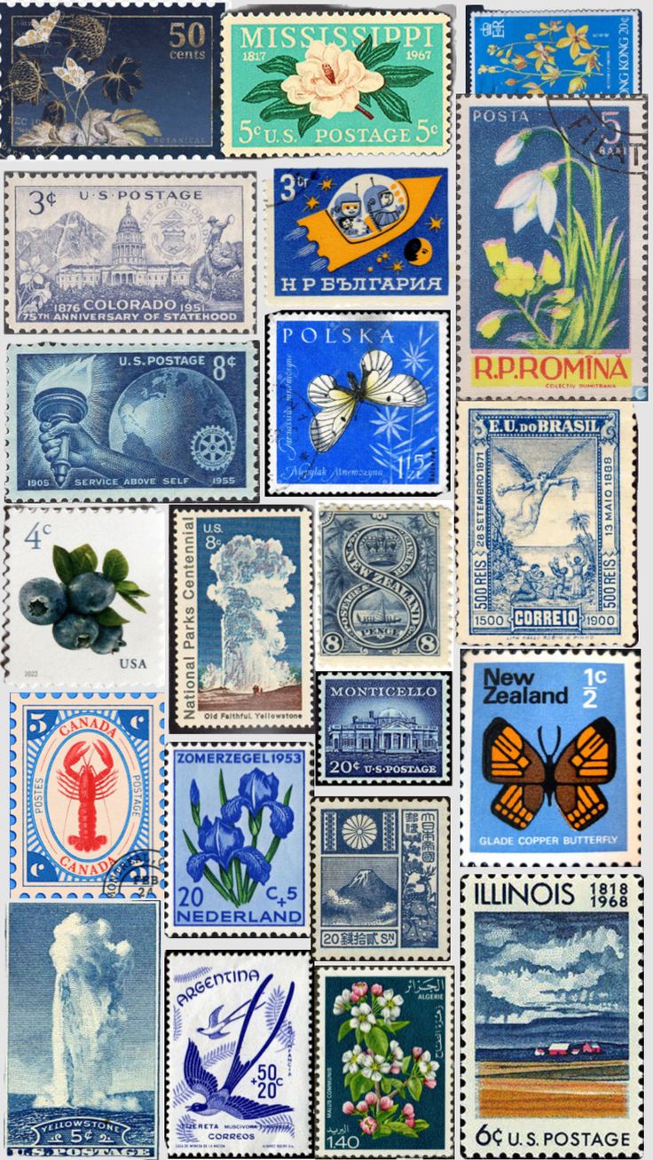 many different postage stamps are arranged together