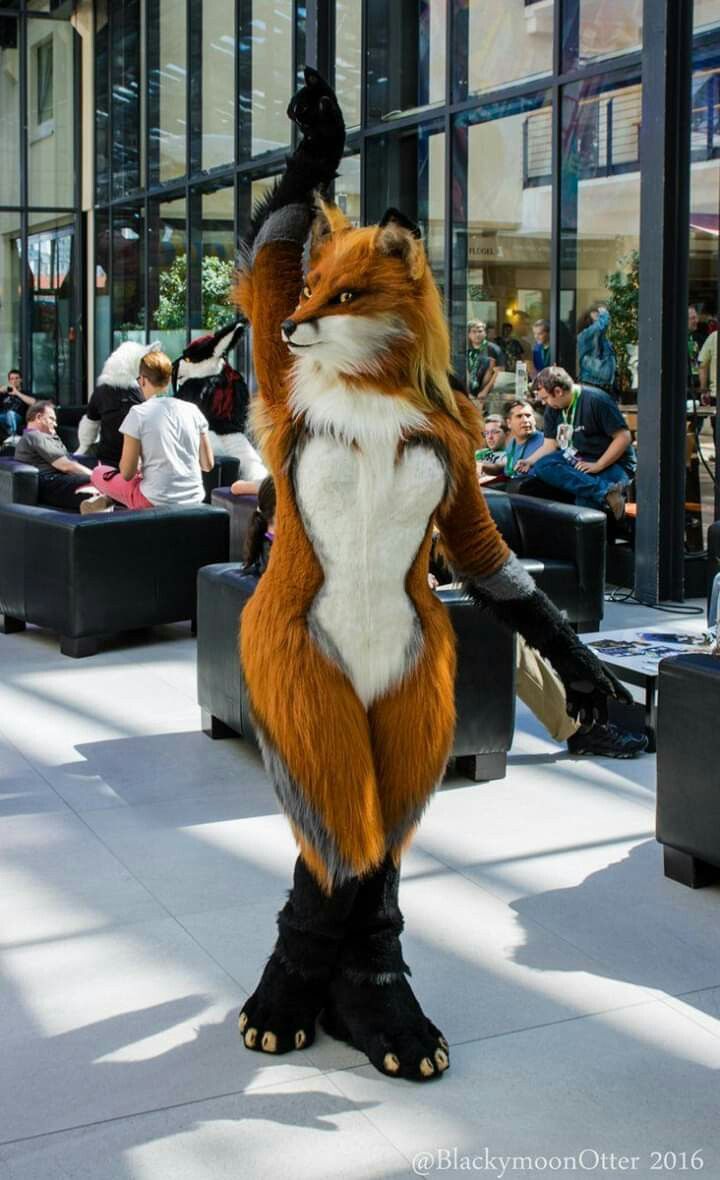 a person dressed as a fox standing in front of a building