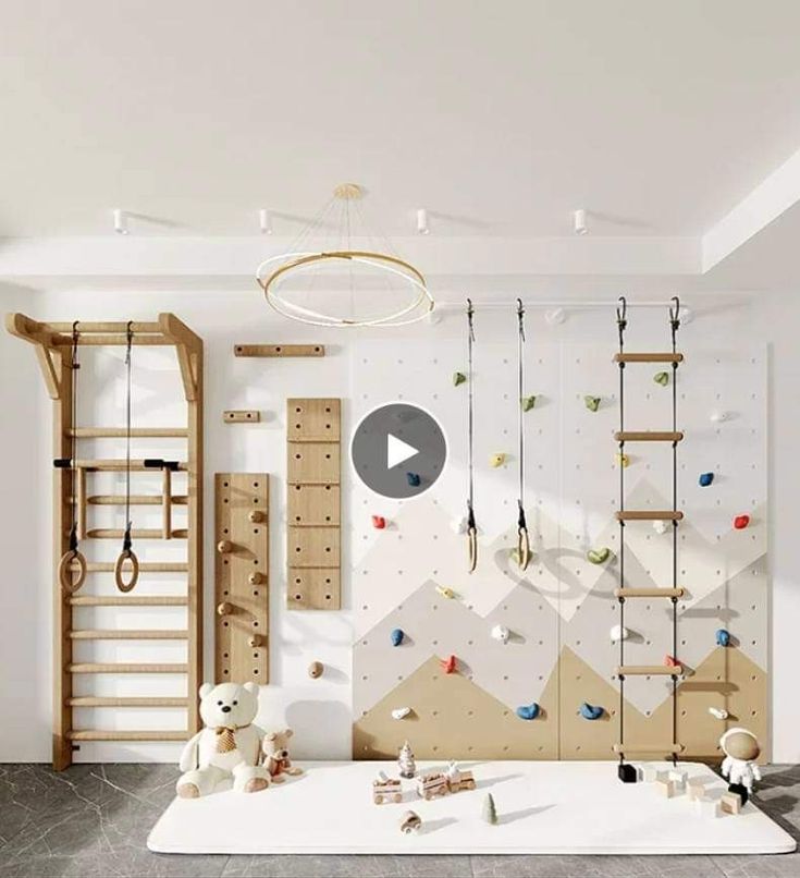 a child's room with climbing walls and toys