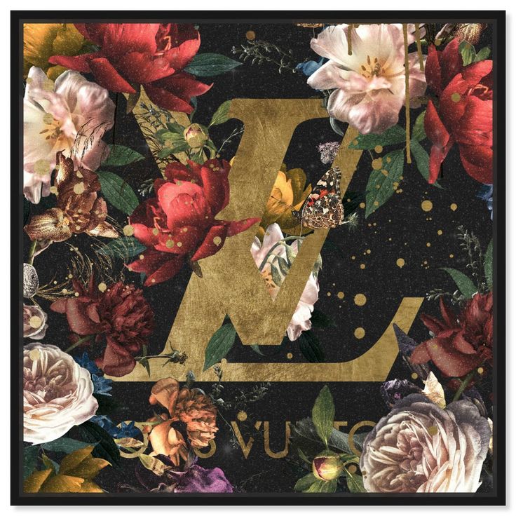 the letter k is surrounded by flowers and gold polka dots on a black background with golden foil