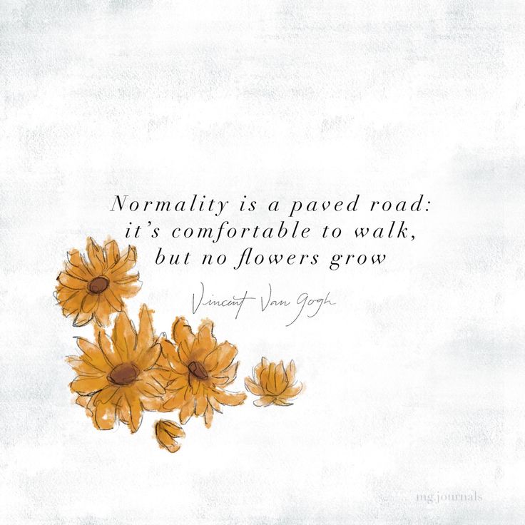 an image of flowers on a white background with the quote normality is a paved road it's comfortable to walk, but no flowers grow