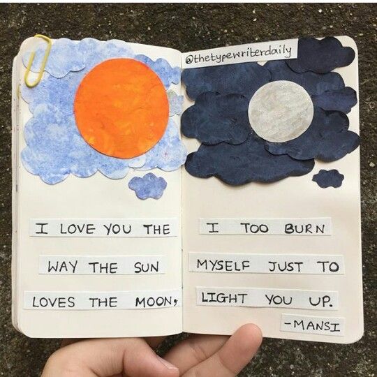 someone is holding an open book with writing on it that says i love you the sun, myself just to loves the moon