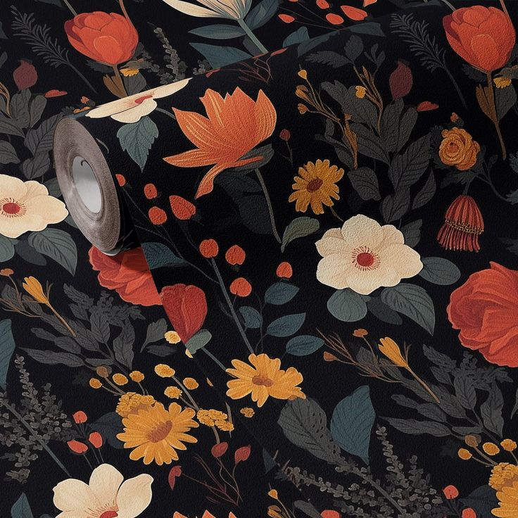 a black floral wallpaper with orange, yellow and red flowers on it's side