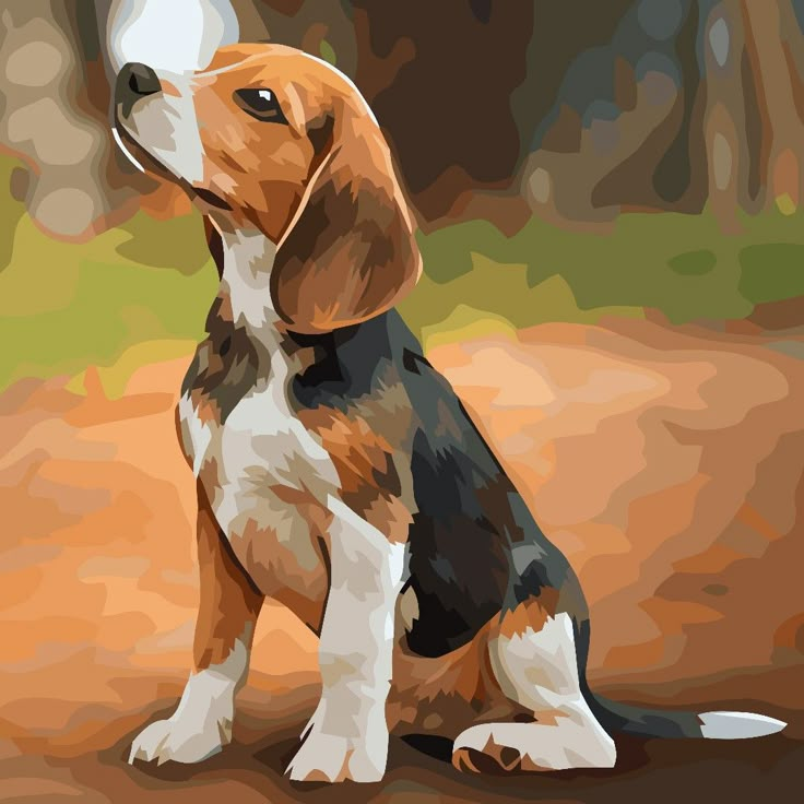 a brown and white dog sitting on top of a dirt ground next to trees in the background