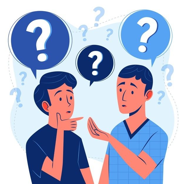 two men with question marks above their heads, one pointing at the other's hand