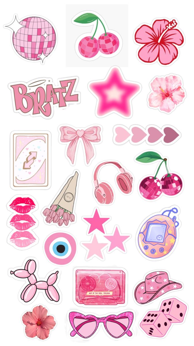 a bunch of stickers that are on the side of a white wall with pink flowers