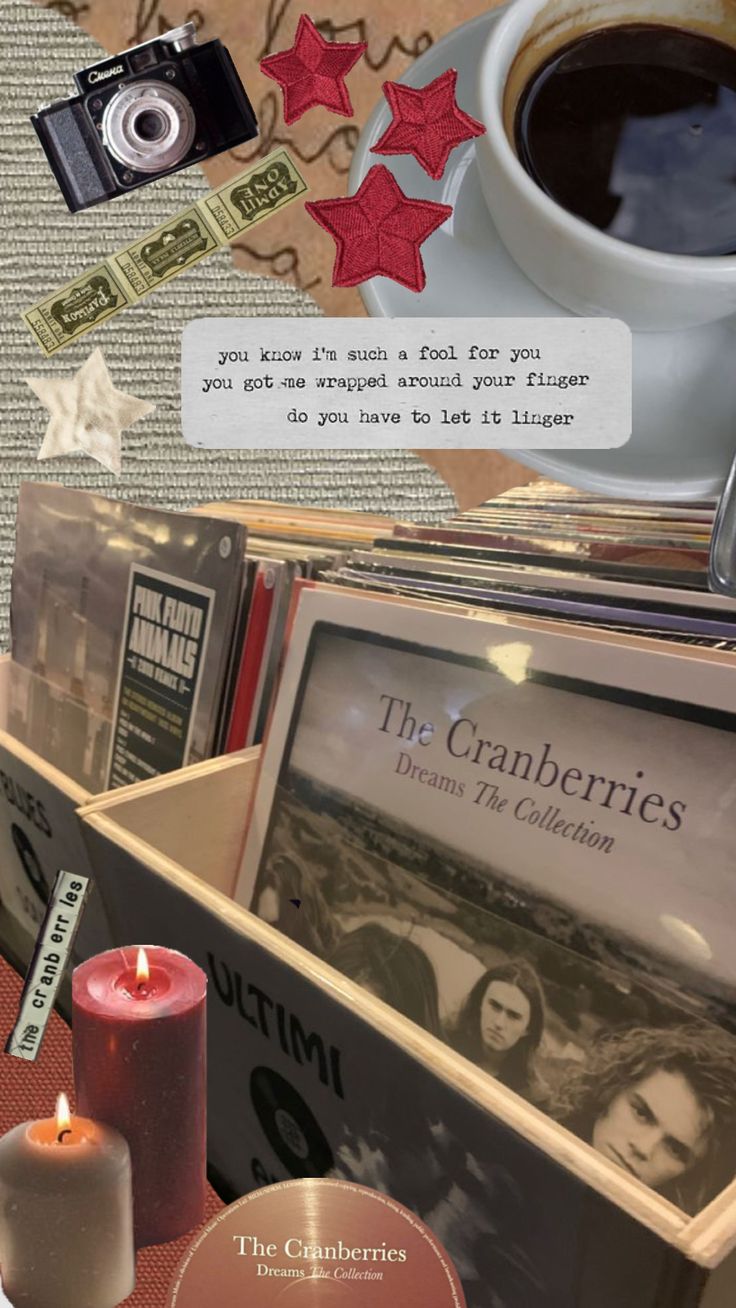 a collage of photos with candles, books and other items in them on a table next to a cup of coffee