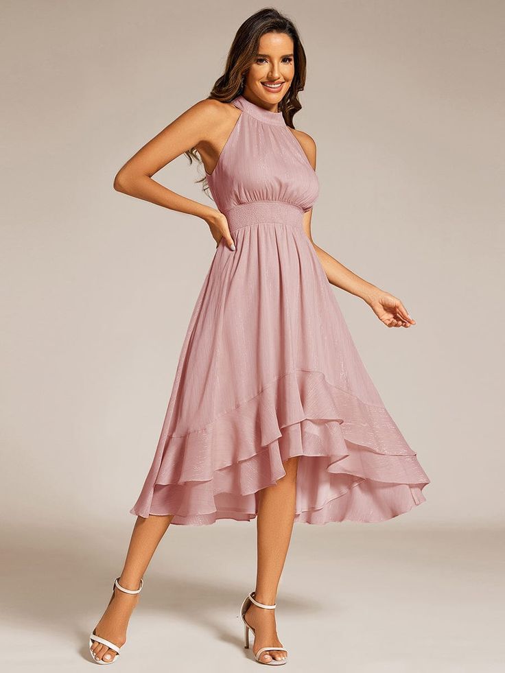 Sparkly High-Low Ruffle Halter Neck Wedding Guest Dress with Pleating #color_Dusty Rose Chiffon A Line Dress, Dress Halter Neck, Chiffon Dresses, Ever Pretty, Champagne Wedding, Dress Halter, Line Dress, Wedding Guest Dresses, Wedding Celebration