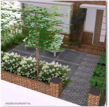 an artist's rendering of a small garden with white flowers and trees in the background