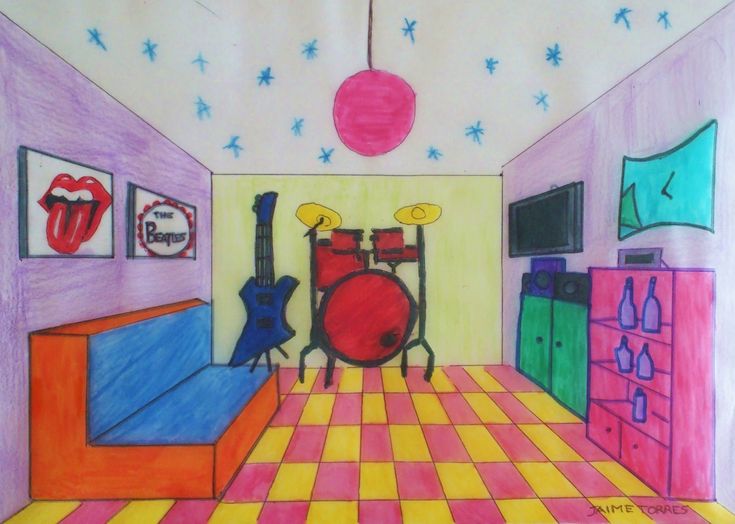 a drawing of a bedroom with a drum set