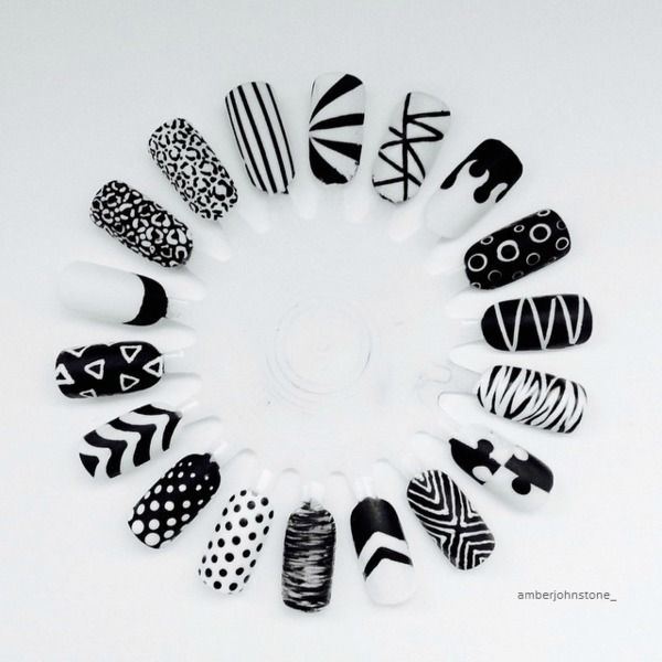 Monochrome Nail Art #monochrome #nails Black Nd White Nail Design, Black White Nail Art Designs, Nail Art Designs Grey Black White, Nail Wheel Design, Nail Art Hitam Putih, Nail Art Designs Black And White, Dotting Nail Art Designs, Nail Art White And Black, White Pattern Nails