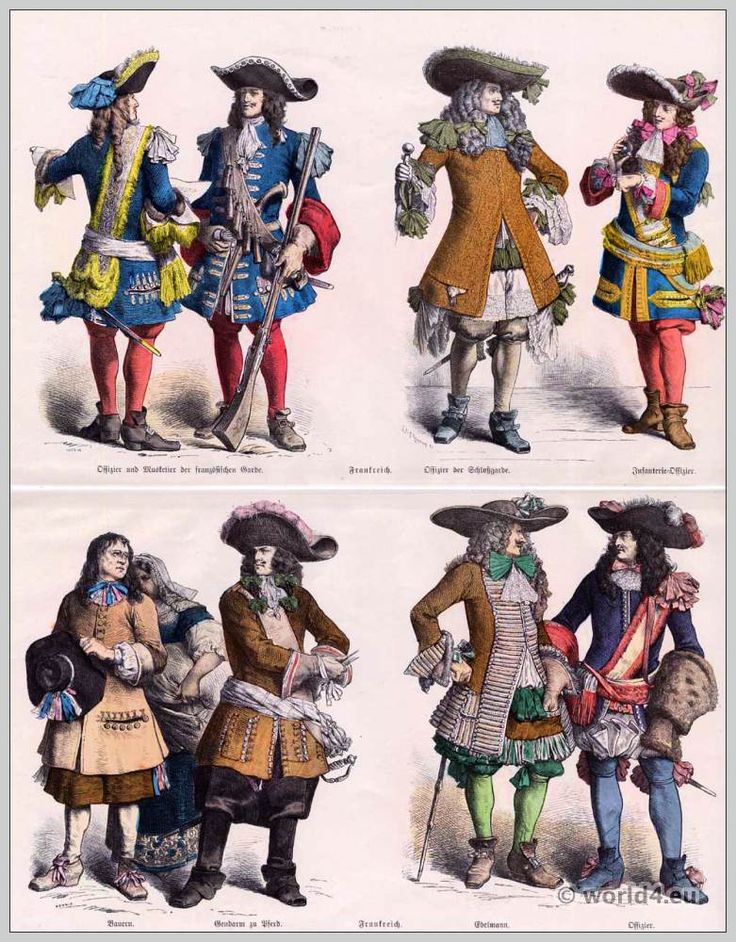 four different types of people dressed in historical clothing, including men and women with hats