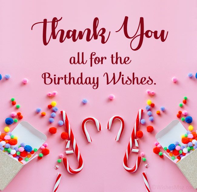 thank you all for the birthday wishes on pink background with candy canes and candies