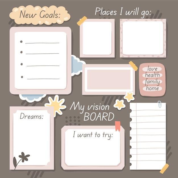 a set of four blank notes with flowers and clouds on the top, along with words that read new goals, my vision board, i want to try