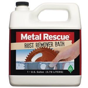 a gallon of metal rescue rust remover bath