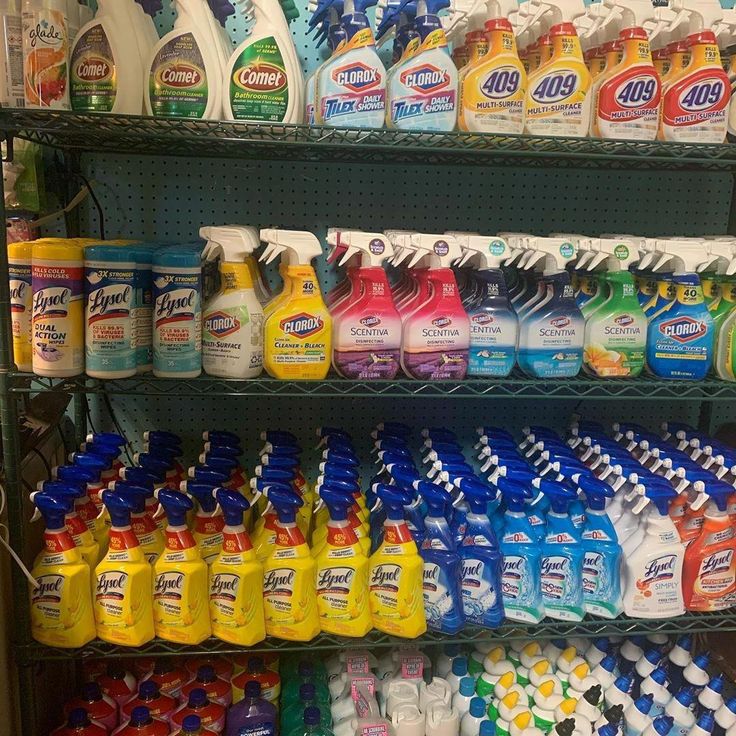 a shelf filled with lots of different types of detergents and cleaning wipes