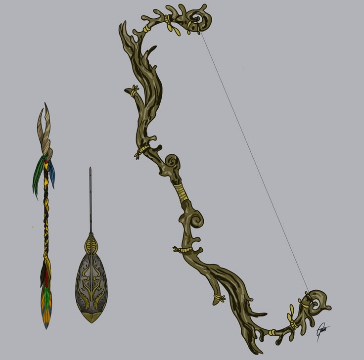 three different types of decorative items on a gray background, including a bow and arrow