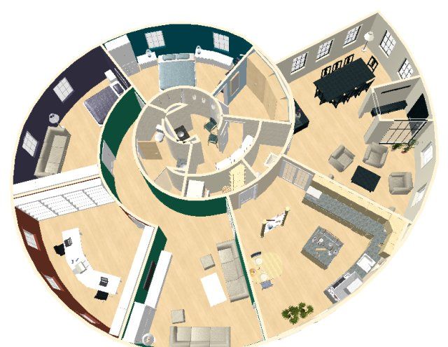 an overhead view of a living room and kitchen area in a circular plan with furniture on the floor