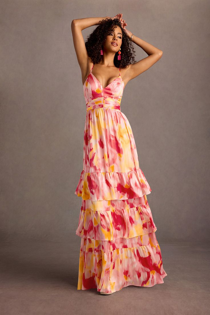 Our Lela Maxi Dress is crafted from a vibrant printed charmeuse fabric, combining a beautiful V-neckline and floor-length A-line ruffle skirt. Wear this beauty to your next formal day event, or wedding reception. Atelier Dress, Sunset Print, Plus Size Fall, Pink Sunset, Dresses Evening, For Your Party, Ruffle Skirt, Printed Maxi, Printed Maxi Dress