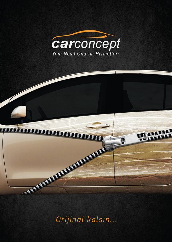 an advertisement for carconcept showing the side view of a beige car with black and white stripes