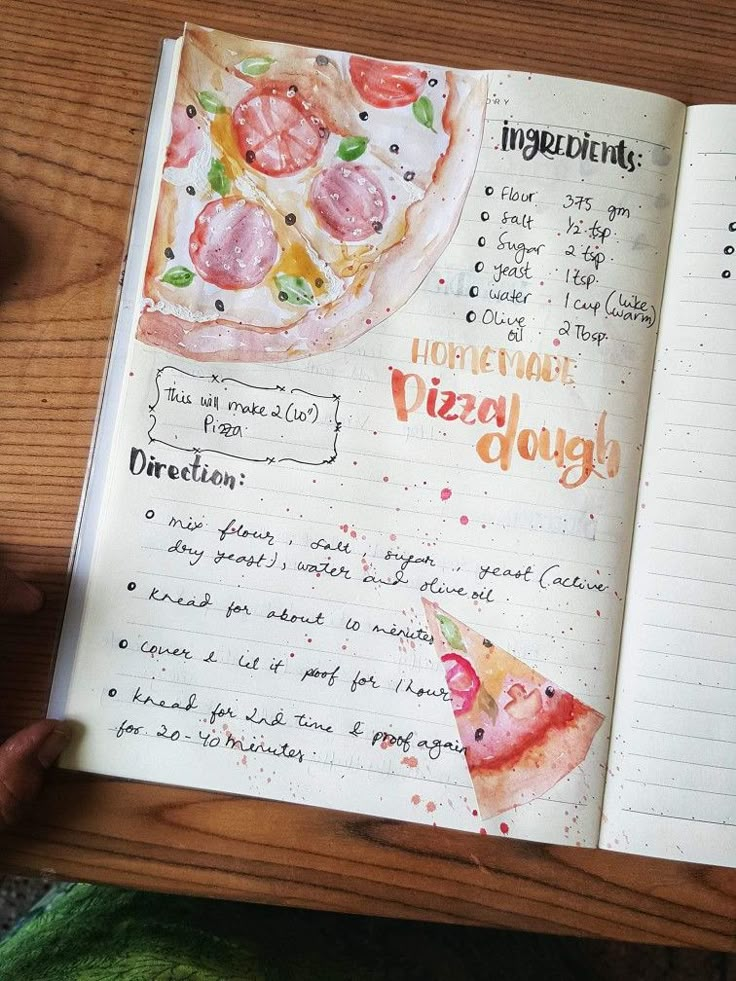 an open notebook with watercolor pizza on it and writing in cursive ink